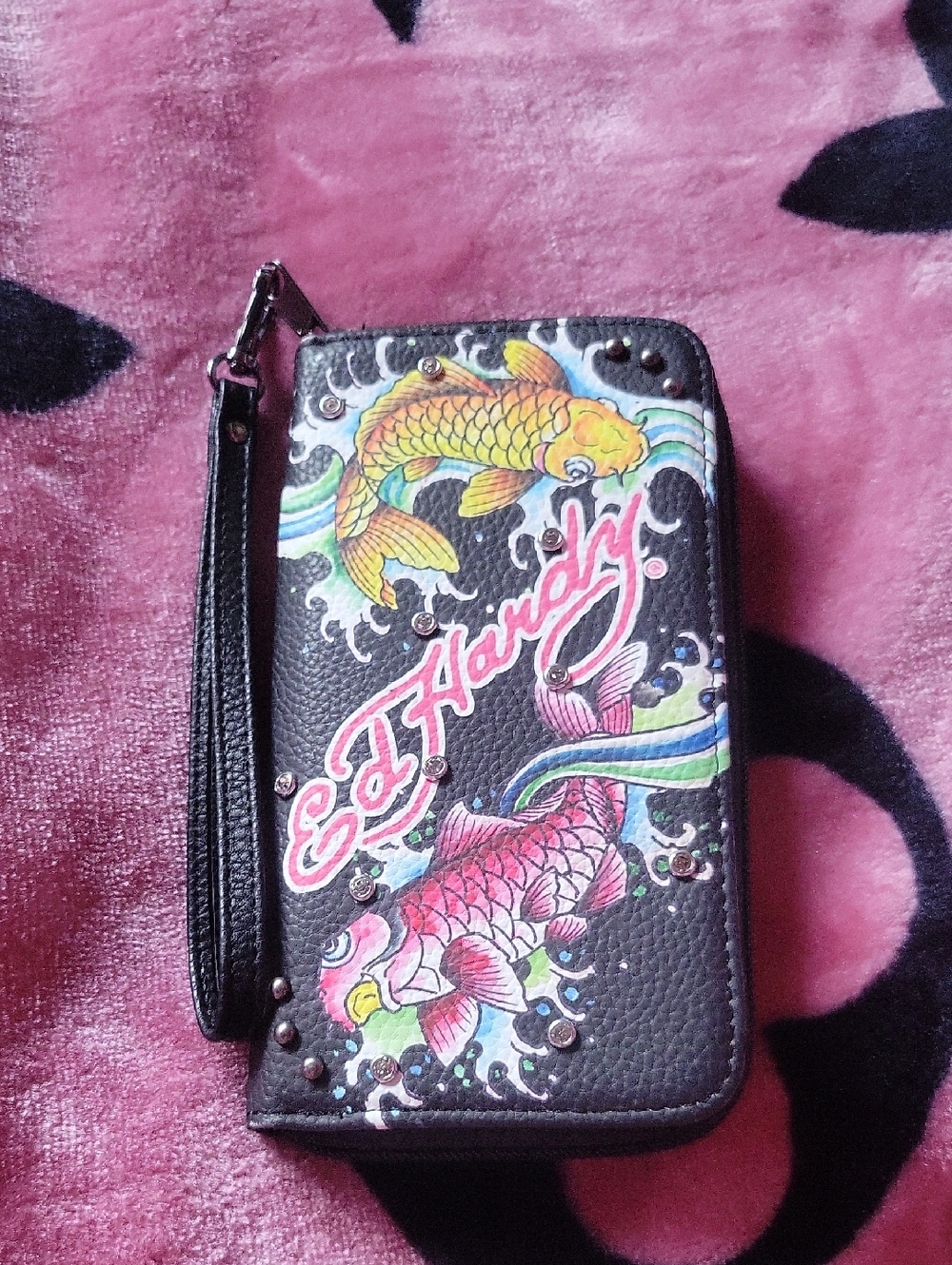 Ed Hardy Black Wristlet Wallet with Pink & Yellow Koi